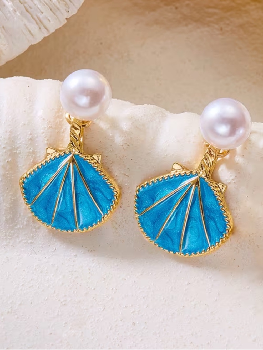 Pearl Top Blue Shell Fan Drop Earrings - Women Jewelry - Picture 2 of 5